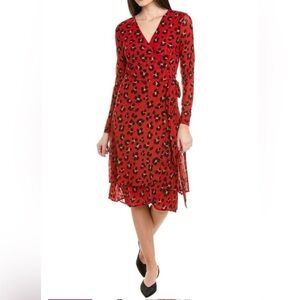Cabi Wrap Dress, Sz. M, Red/Black Animal Print, Long Sleeves, Double Layer Skirt